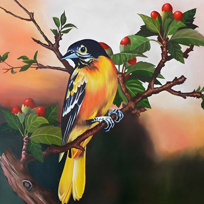 Oiseau Jaune et Noir avec des Fruits Rouges Broderie Diamant