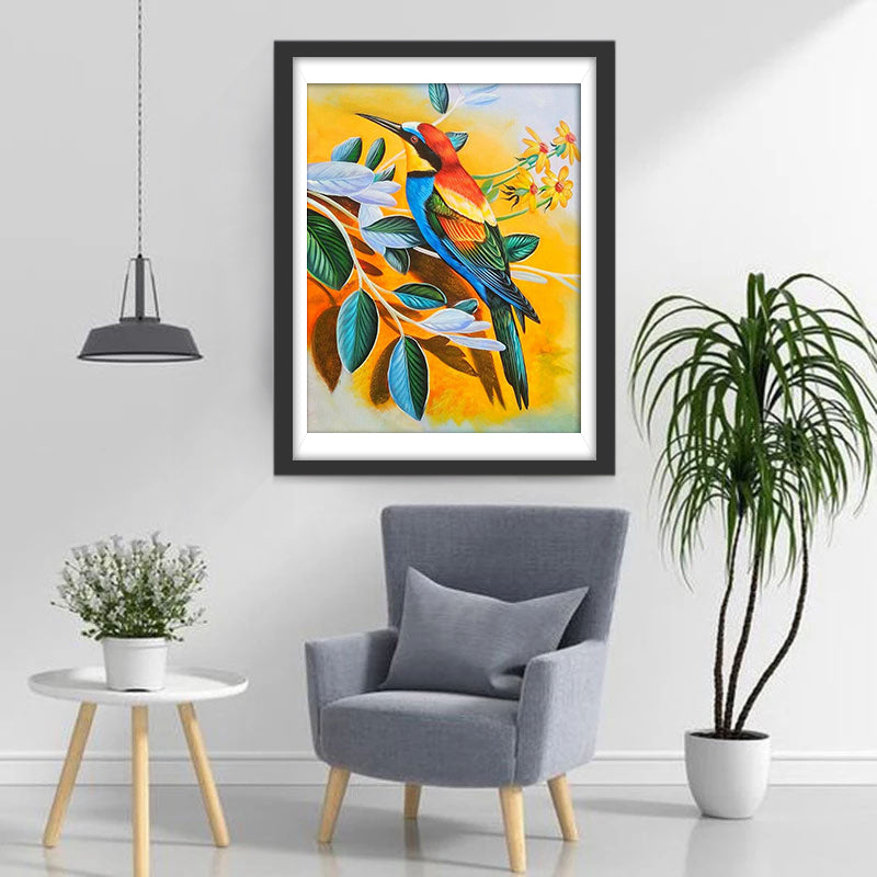 Oiseau Multicolore et Fleurs Jaunes Broderie Diamant