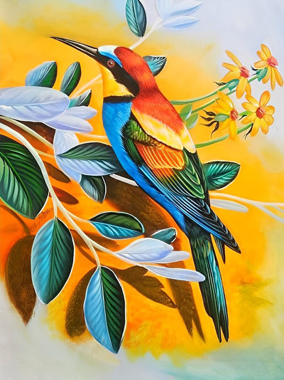 Oiseau Multicolore et Fleurs Jaunes Broderie Diamant