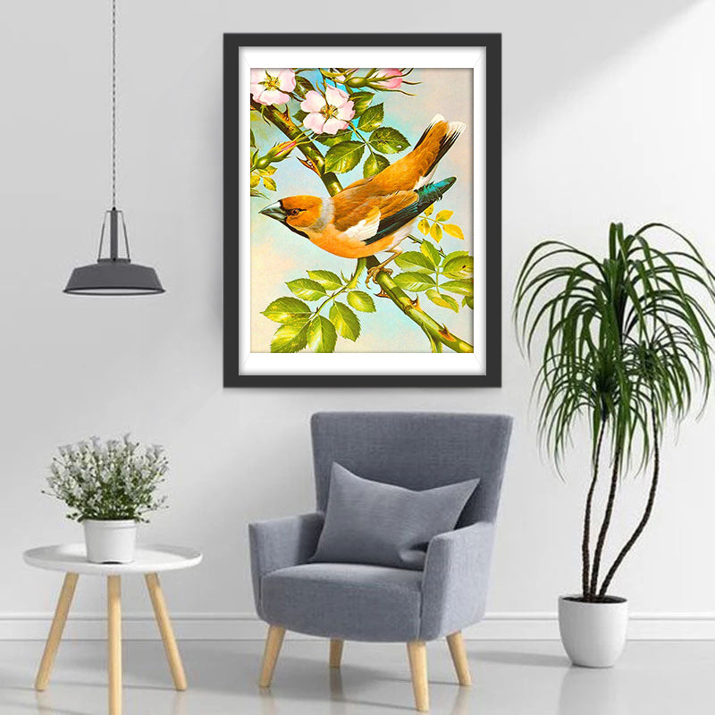 Oiseau Orange et Fleurs Roses Broderie Diamant