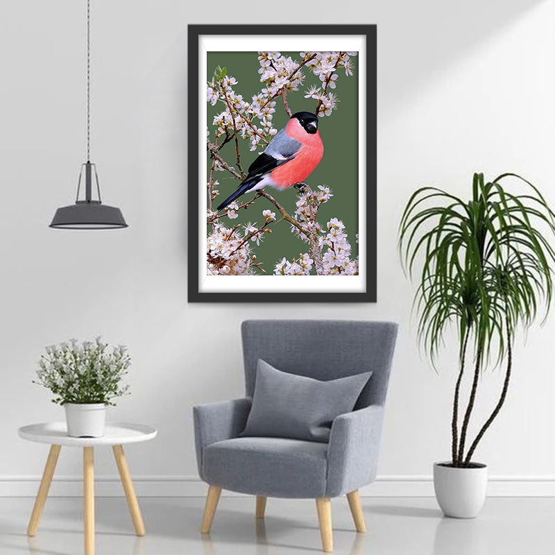 Oiseau Rose Foncé et Fleurs de Prunier Broderie Diamant