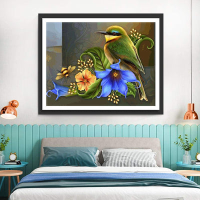 Oiseau Vert et Belle-de-Jour Bleu Broderie Diamant