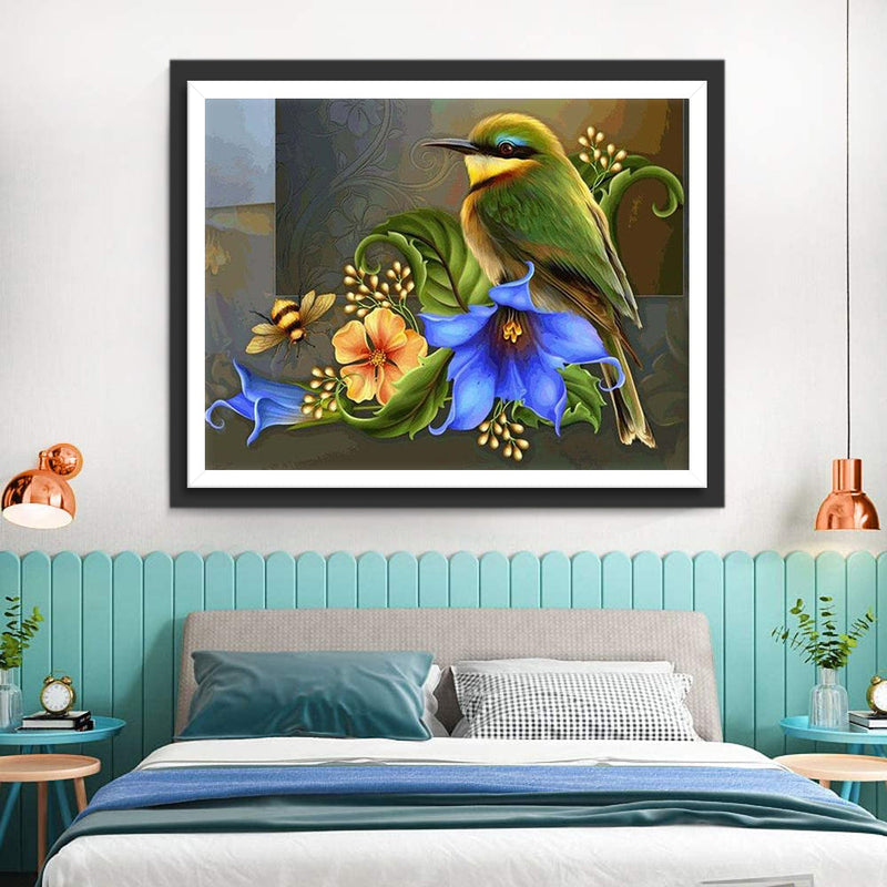 Oiseau Vert et Belle-de-Jour Bleu Broderie Diamant