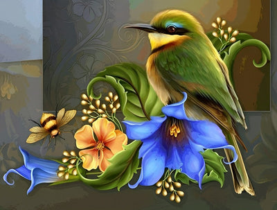 Oiseau Vert et Belle-de-Jour Bleu Broderie Diamant
