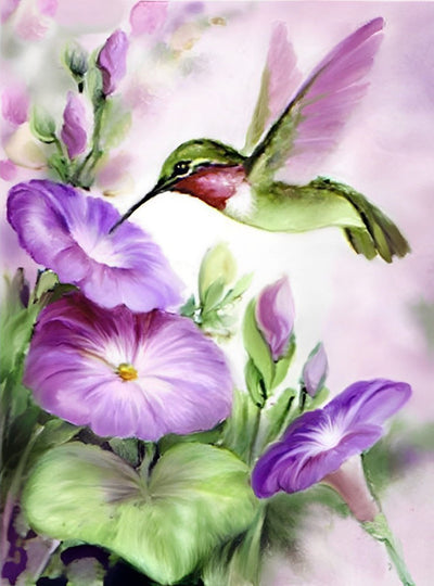 Oiseau Vert Volant et Liseron Broderie Diamant