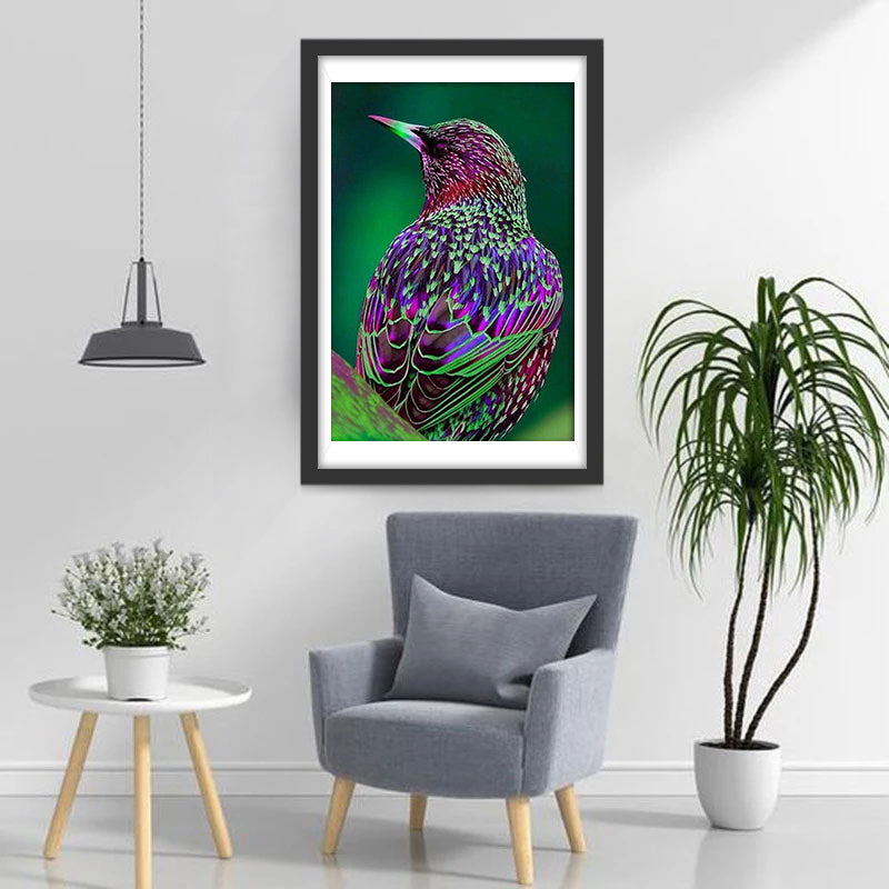 Oiseau Violet avec des Taches Vertes Broderie Diamant