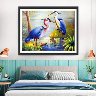 Oiseaux avec Plumes Bleues et Pattes et Cous Longs Broderie Diamant