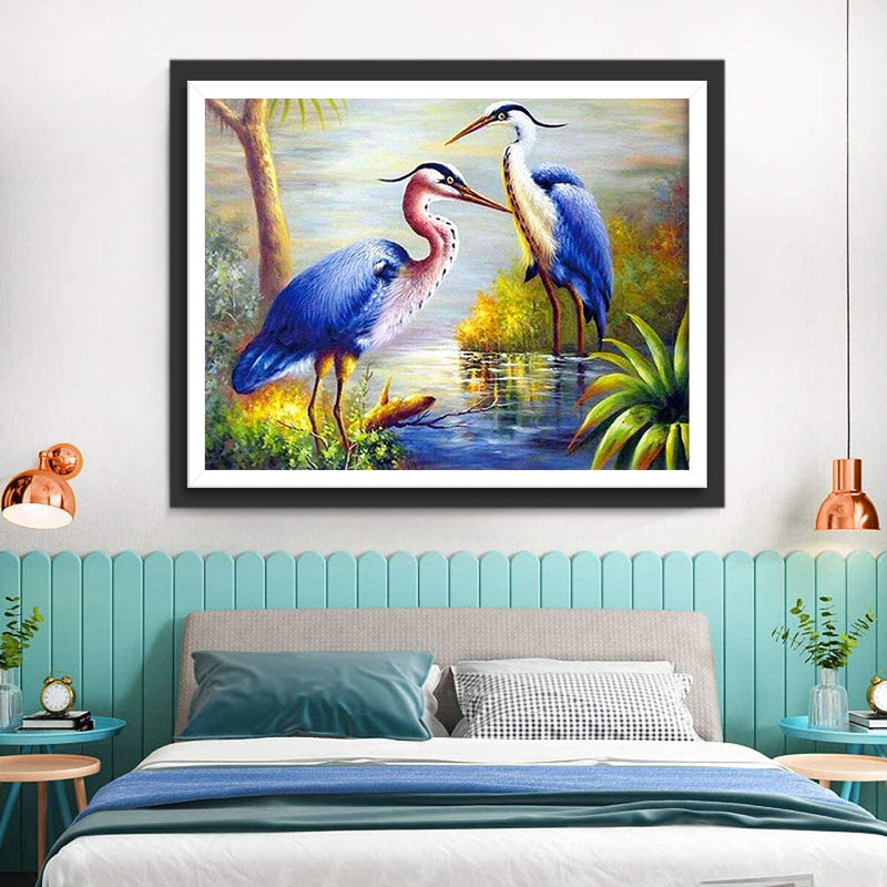 Oiseaux avec Plumes Bleues et Pattes et Cous Longs Broderie Diamant