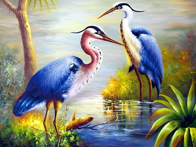 Oiseaux avec Plumes Bleues et Pattes et Cous Longs Broderie Diamant