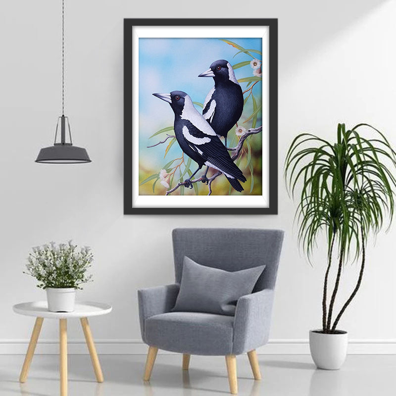 Oiseaux Blanc et Noir avec des Fleurs Roses Broderie Diamant