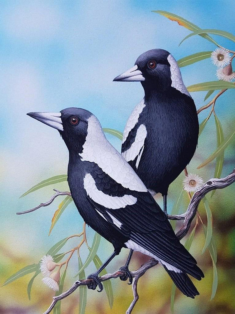 Oiseaux Blanc et Noir avec des Fleurs Roses Broderie Diamant