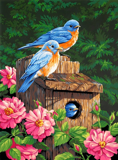 Oiseaux Bleu et Nid avec des Fleurs Roses Broderie Diamant