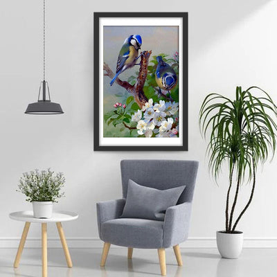 Oiseaux Bleus et Fleurs Blanches Broderie Diamant