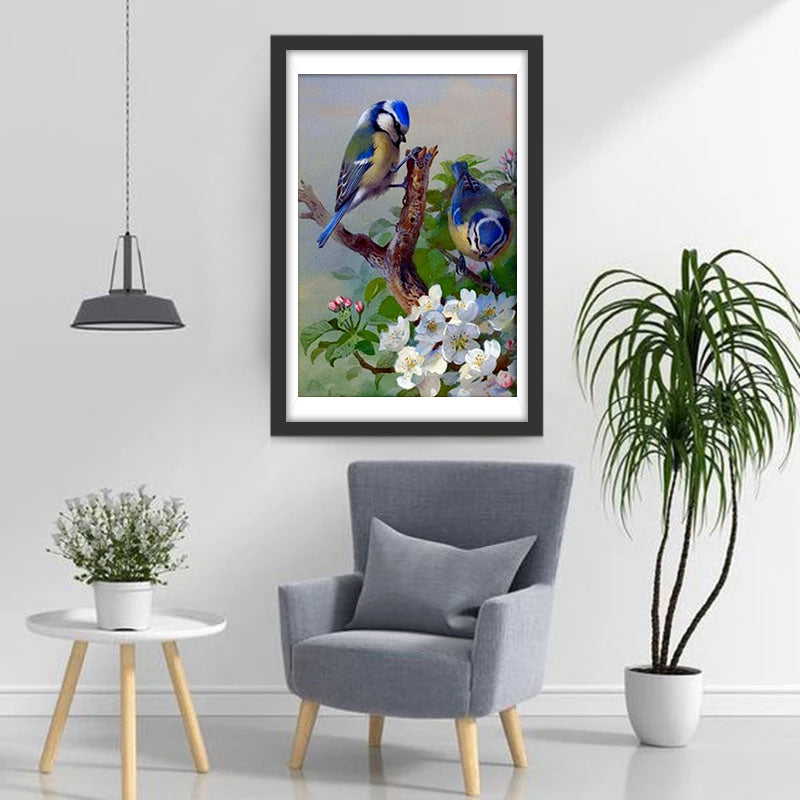 Oiseaux Bleus et Fleurs Blanches Broderie Diamant