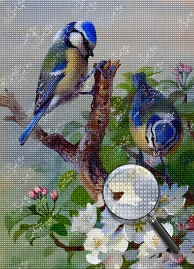 Oiseaux Bleus et Fleurs Blanches Broderie Diamant