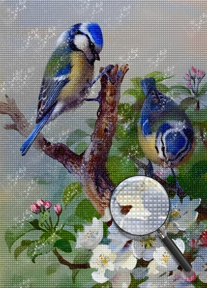 Oiseaux Bleus et Fleurs Blanches Broderie Diamant