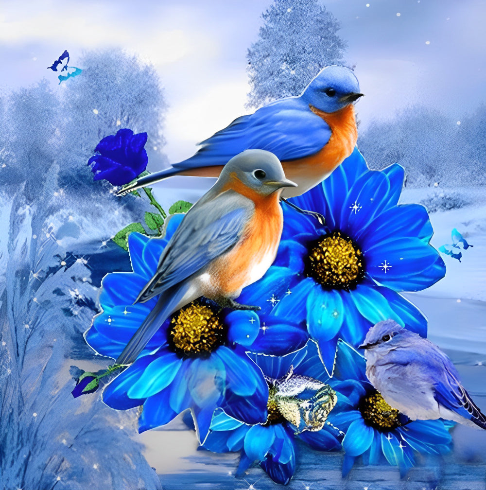 Oiseaux Bleus et Oranges et Fleurs Bleues Broderie Diamant
