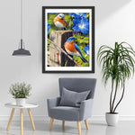 Oiseaux Bleus et Rouges avec des Ipomées du Nil Bleues Broderie Diamant