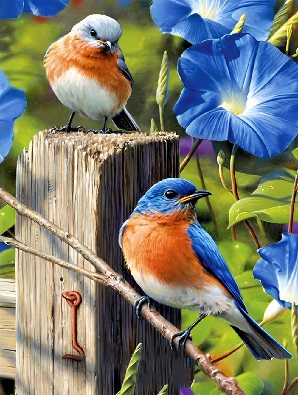Oiseaux Bleus et Rouges avec des Ipomées du Nil Bleues Broderie Diamant