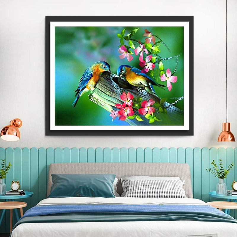 Oiseaux Bleus et Roux sur la Branche Broderie Diamant