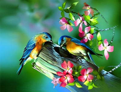 Oiseaux Bleus et Roux sur la Branche Broderie Diamant