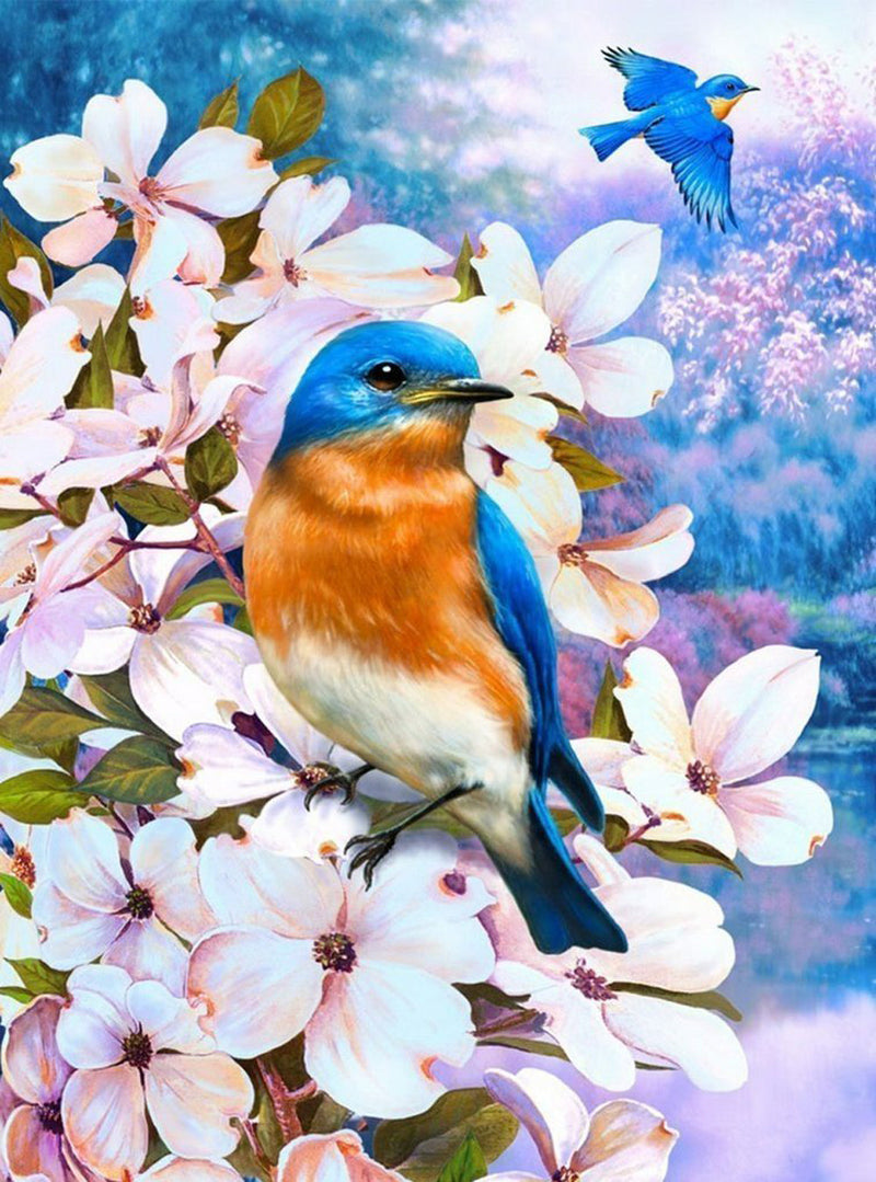 Oiseaux Bleus Rouges et Blancs Volant Broderie Diamant