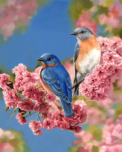 Oiseaux et Deux Grappes de Fleurs Broderie Diamant