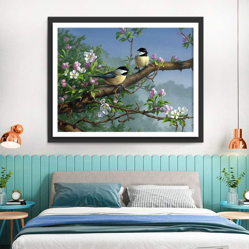 Oiseaux et Fleurs Blanches et Roses Broderie Diamant