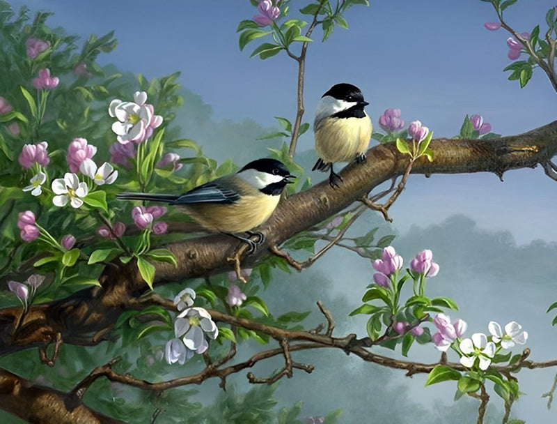 Oiseaux et Fleurs Blanches et Roses Broderie Diamant
