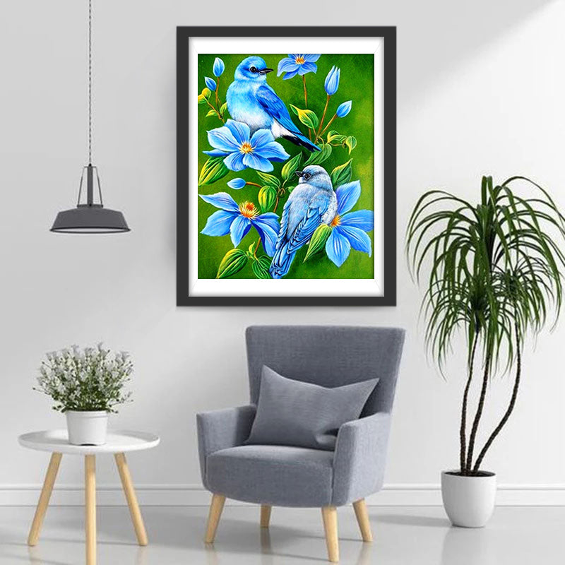 Oiseaux et Fleurs Bleus Broderie Diamant