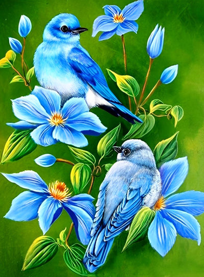 Oiseaux et Fleurs Bleus Broderie Diamant