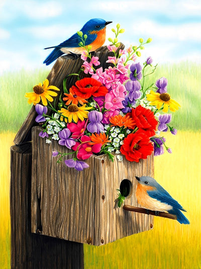 Oiseaux et Leur Nid avec des Fleurs Broderie Diamant