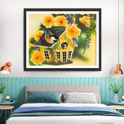 Oiseaux et Maison Jaune Broderie Diamant