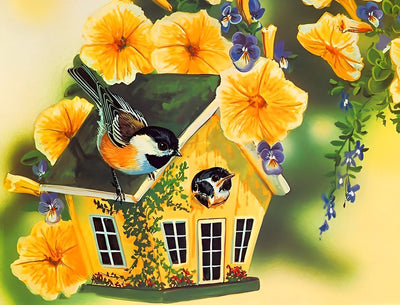 Oiseaux et Maison Jaune Broderie Diamant