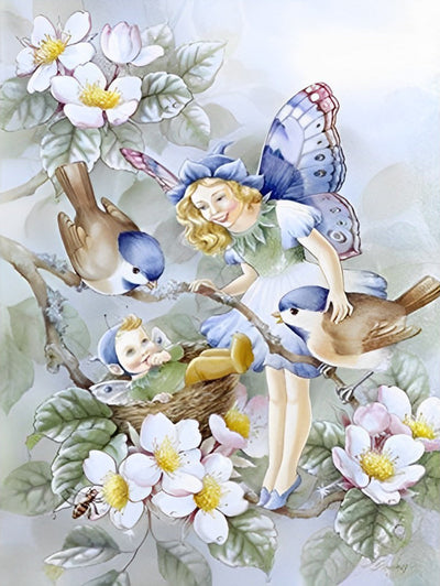 Oiseaux et Petites Fées avec des Fleurs Blanches Broderie Diamant