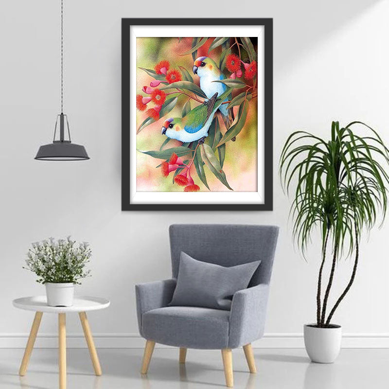 Oiseaux et Petites Fleurs Rouges Broderie Diamant
