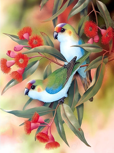 Oiseaux et Petites Fleurs Rouges Broderie Diamant