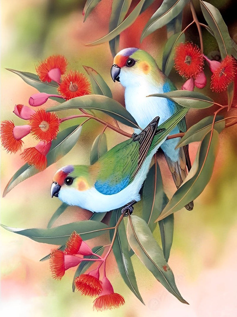 Oiseaux et Petites Fleurs Rouges Broderie Diamant