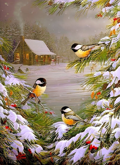 Oiseaux et Pins Broderie Diamant