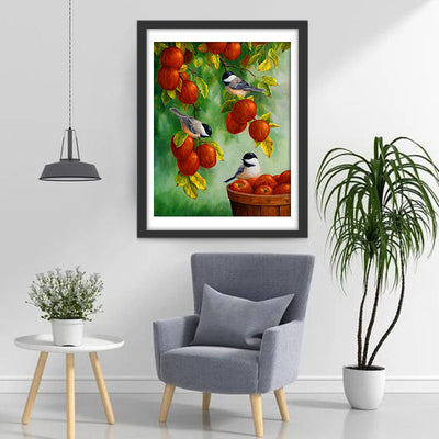 Oiseaux et Pommes Rouges Broderie Diamant