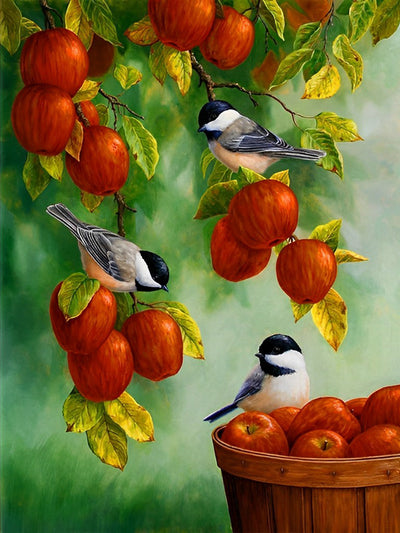 Oiseaux et Pommes Rouges Broderie Diamant