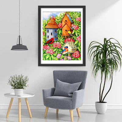 Oiseaux Fleurs et Maisons Broderie Diamant