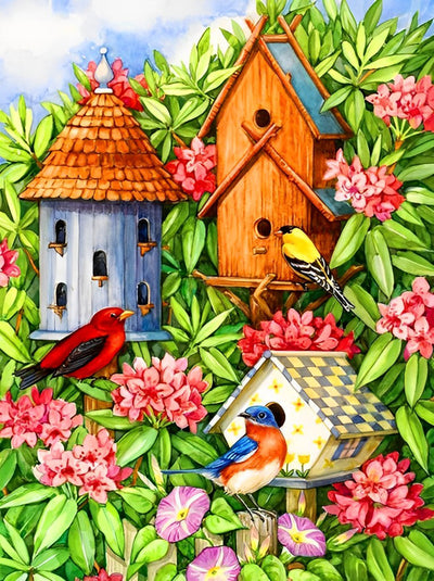 Oiseaux Fleurs et Maisons Broderie Diamant