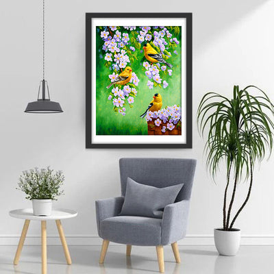 Oiseaux Jaunes et Fleurs Roses Broderie Diamant