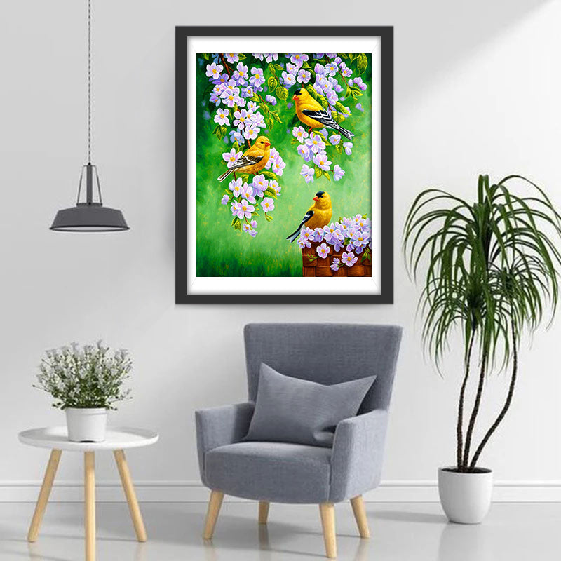 Oiseaux Jaunes et Fleurs Roses Broderie Diamant