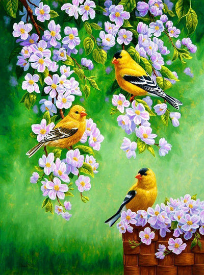 Oiseaux Jaunes et Fleurs Roses Broderie Diamant