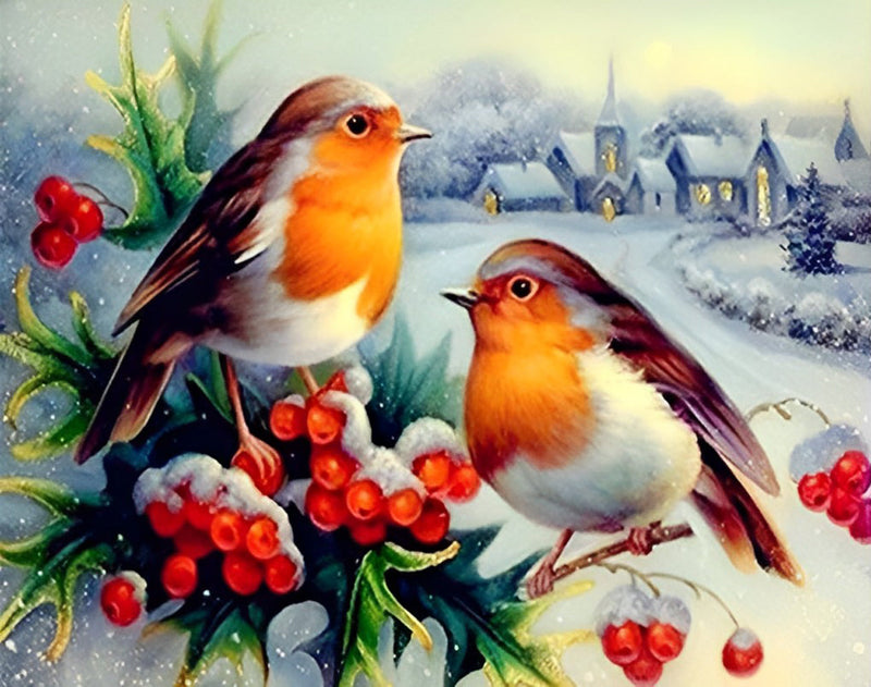 Oiseaux Marrons et Oranges avec des Fruits Rouges Broderie Diamant