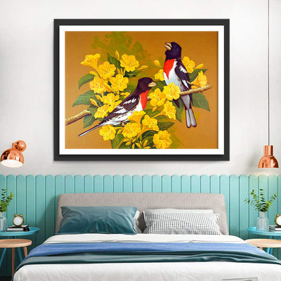 Oiseaux Noirs et Blancs avec des Fleurs Jaunes Broderie Diamant