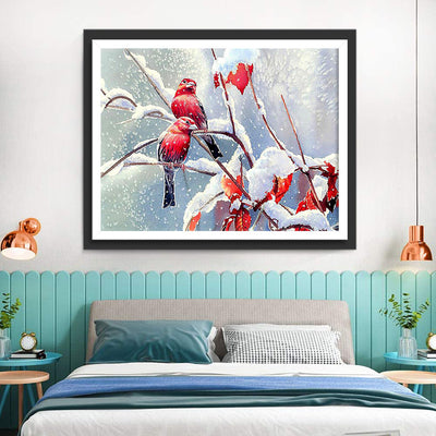 Oiseaux Noirs et Rouges dans la Neige Broderie Diamant