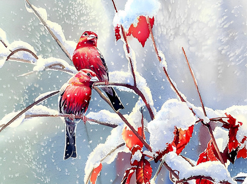 Oiseaux Noirs et Rouges dans la Neige Broderie Diamant
